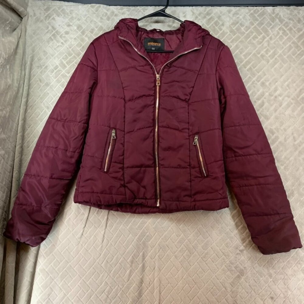 Ambience Womens Juniors L Winter Puffer Coat Burgundy Purple Lightweight